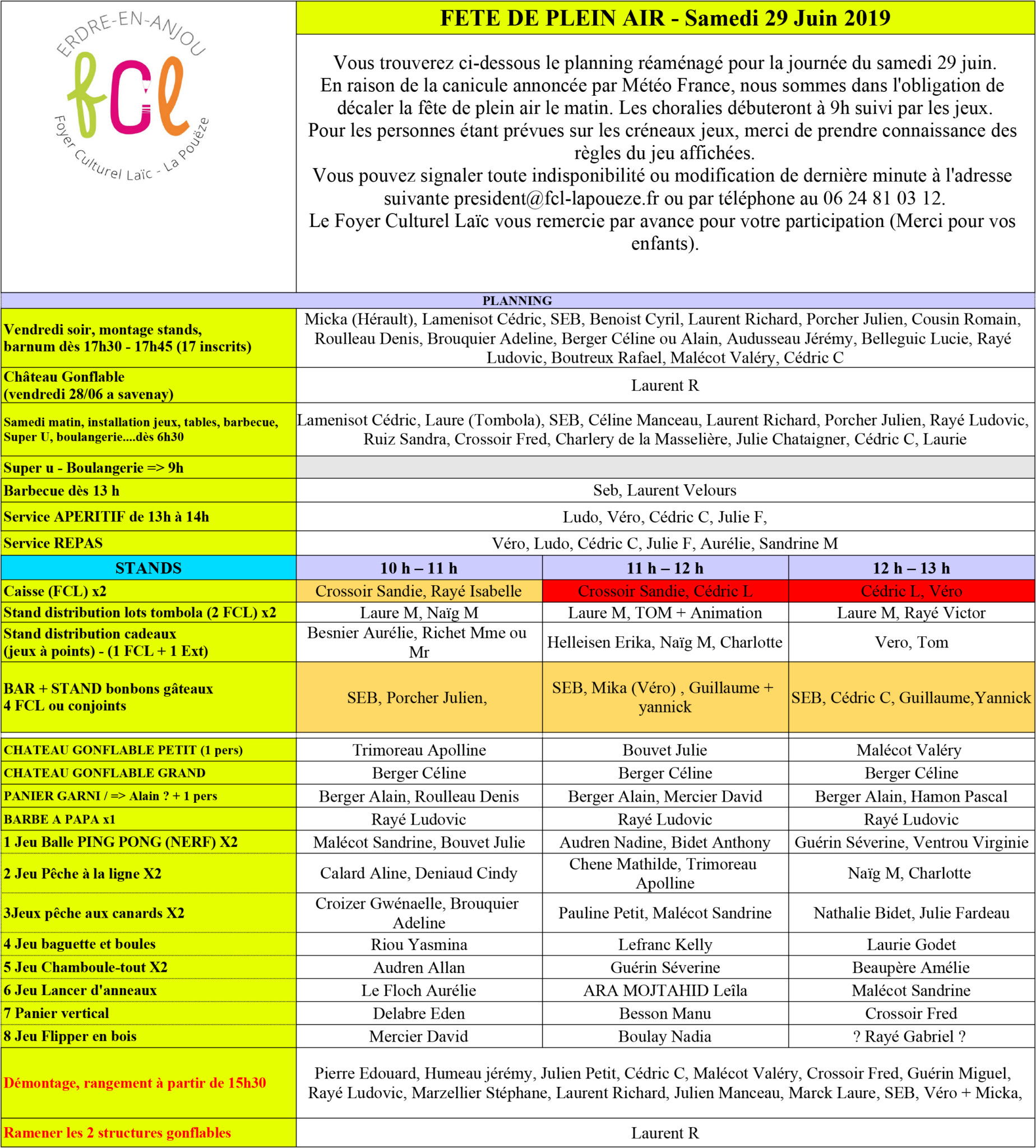 Planning fête de l'école 2019